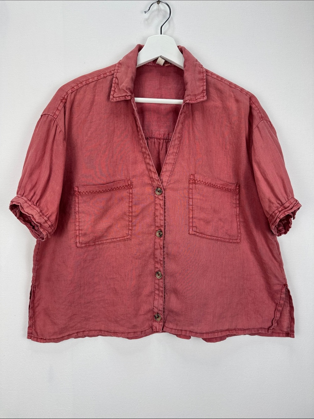 Pilcro Anthropologie Linen Button Front Puff Sleeve Blouse Dusty Rose Small